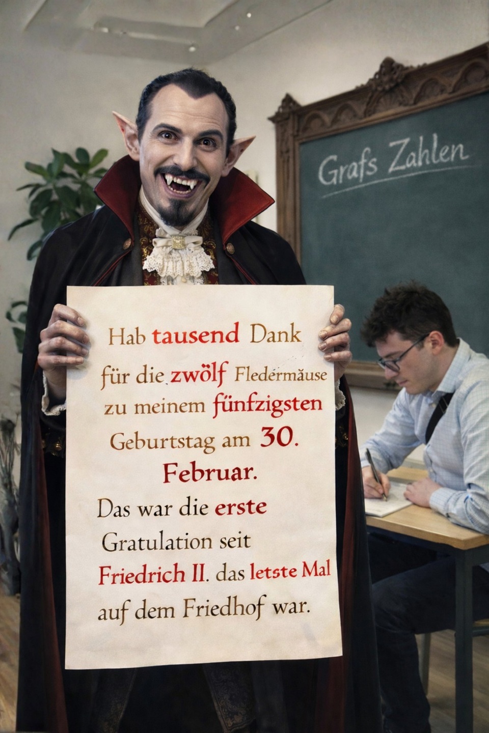 Ein Vampir hält ein Schild mit einem Text. Die Zahlen darauf sind korrekt geschrieben, der Text enthält aber viele Rechtschriebfehler. Im Hintergrund sieht man den Lektorenausbilder Evgenij Unker. Mit KI erstellt.